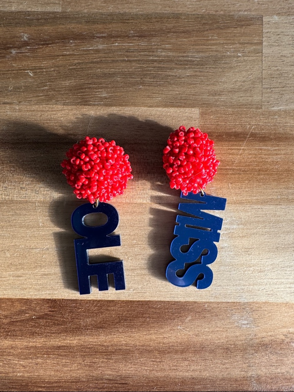 Ole Miss Red Beaded Drop Earrings with Navy Letter Charms
